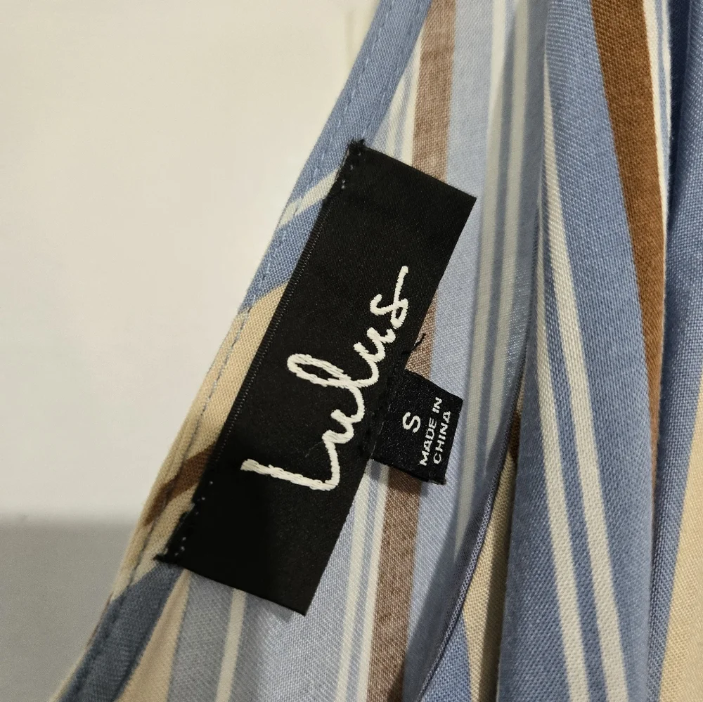 Lulu's Vacation Bae Brown/Blue/Wht Striped Jumpsuit Romper Sm. - Picture 4 of 7